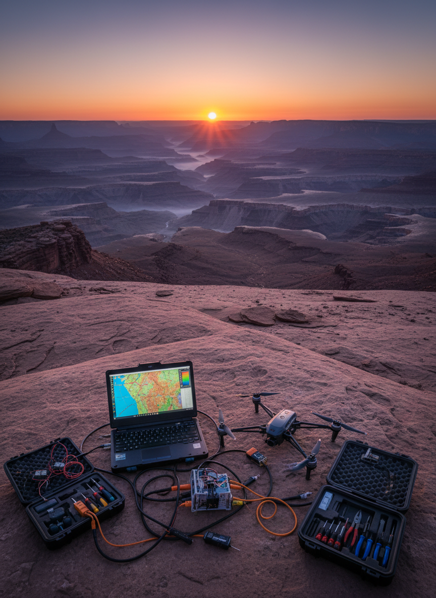 An improvised field lab is arranged on a flat slab of sandstone overlooking a vast, remote canyon system at dawn. A ruggedized laptop with a topographic map on screen, a folded UAV drone with carbon-fiber arms, and a compact 3D-printed prototype device sit among carefully laid-out cables, sensors, and a small toolkit in foam-cut cases. The first soft rays of sunrise bathe the canyon in warm oranges and cool purples, while the equipment is lit by a subtle, cooler glow from the laptop display. Shot from a slightly elevated, wide-angle perspective, the composition balances the technical gear in the foreground with the sweeping landscape beyond, in tack-sharp photographic realism. The mood is analytical yet adventurous, highlighting exploration driven by engineering ingenuity rather than leisure travel.